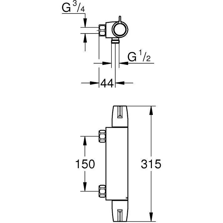 Rysunek techniczny baterii prysznicowej z wymiarami, Grohe