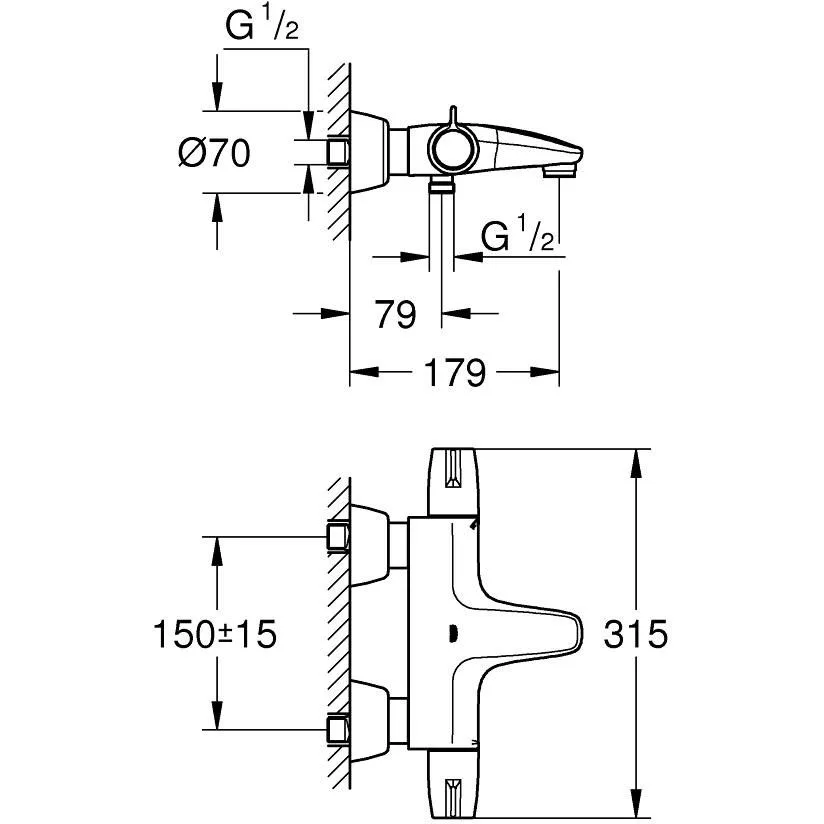Rysunek techniczny baterii wannowej z wymiarami, Grohe