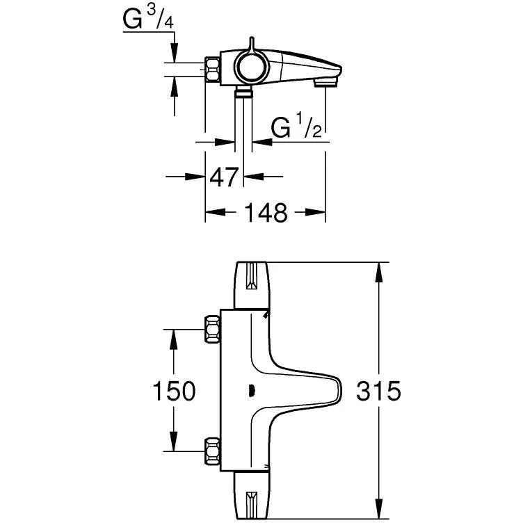 Rysunek techniczny baterii wannowej z wymiarami, Grohe