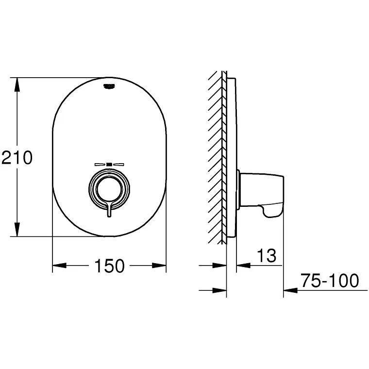 Rysunek techniczny baterii centralnej z wymiarami, Grohe