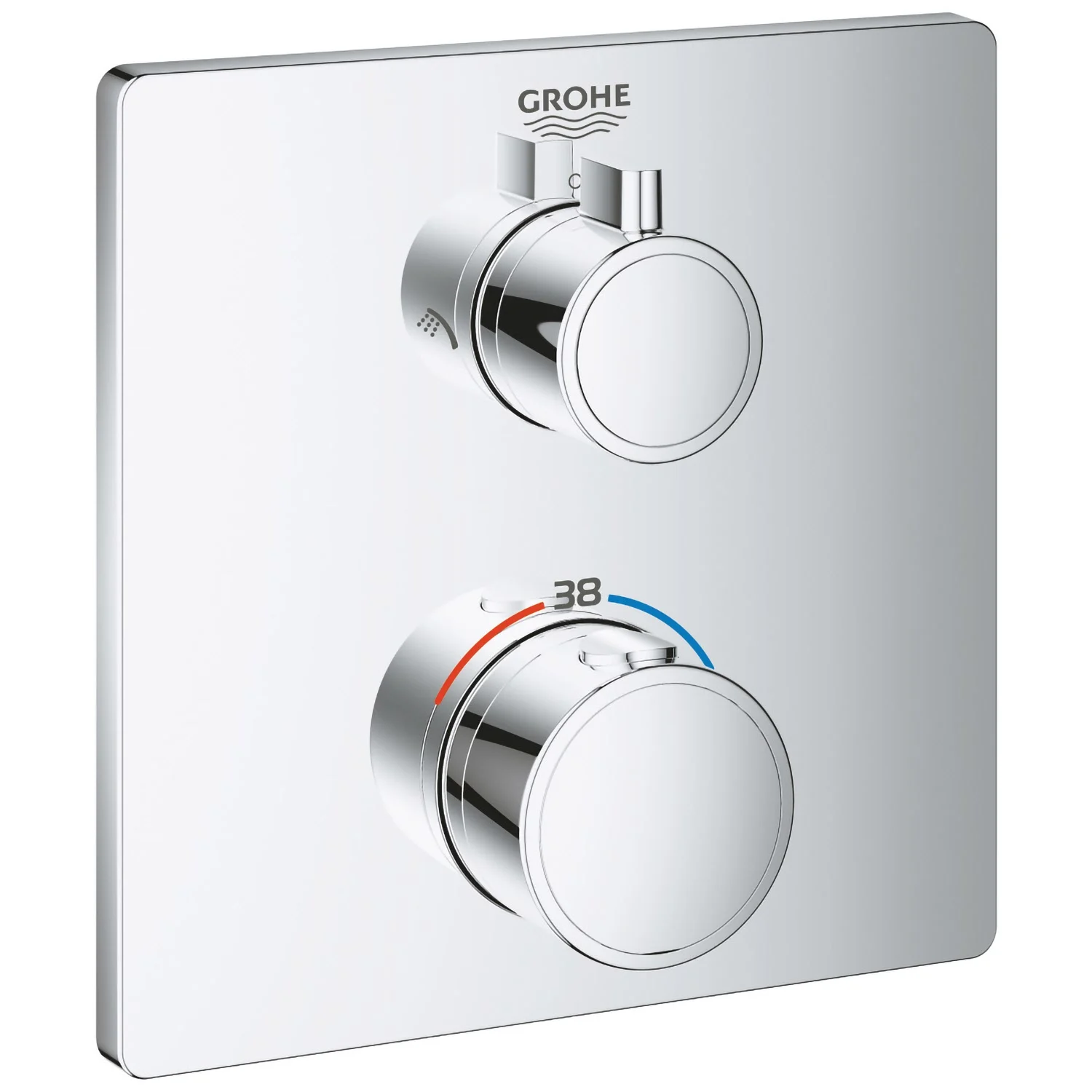 Widok z przodu kwadratowego termostatu chromowanego, Grohe
