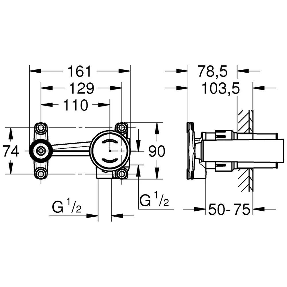 Rysunek techniczny korpusu bazowego z wymiarami, Grohe