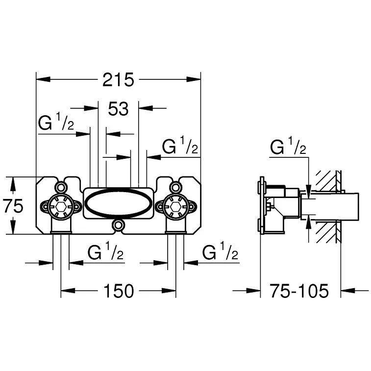 Rysunek techniczny korpusu podtynkowego z wymiarami, Grohe