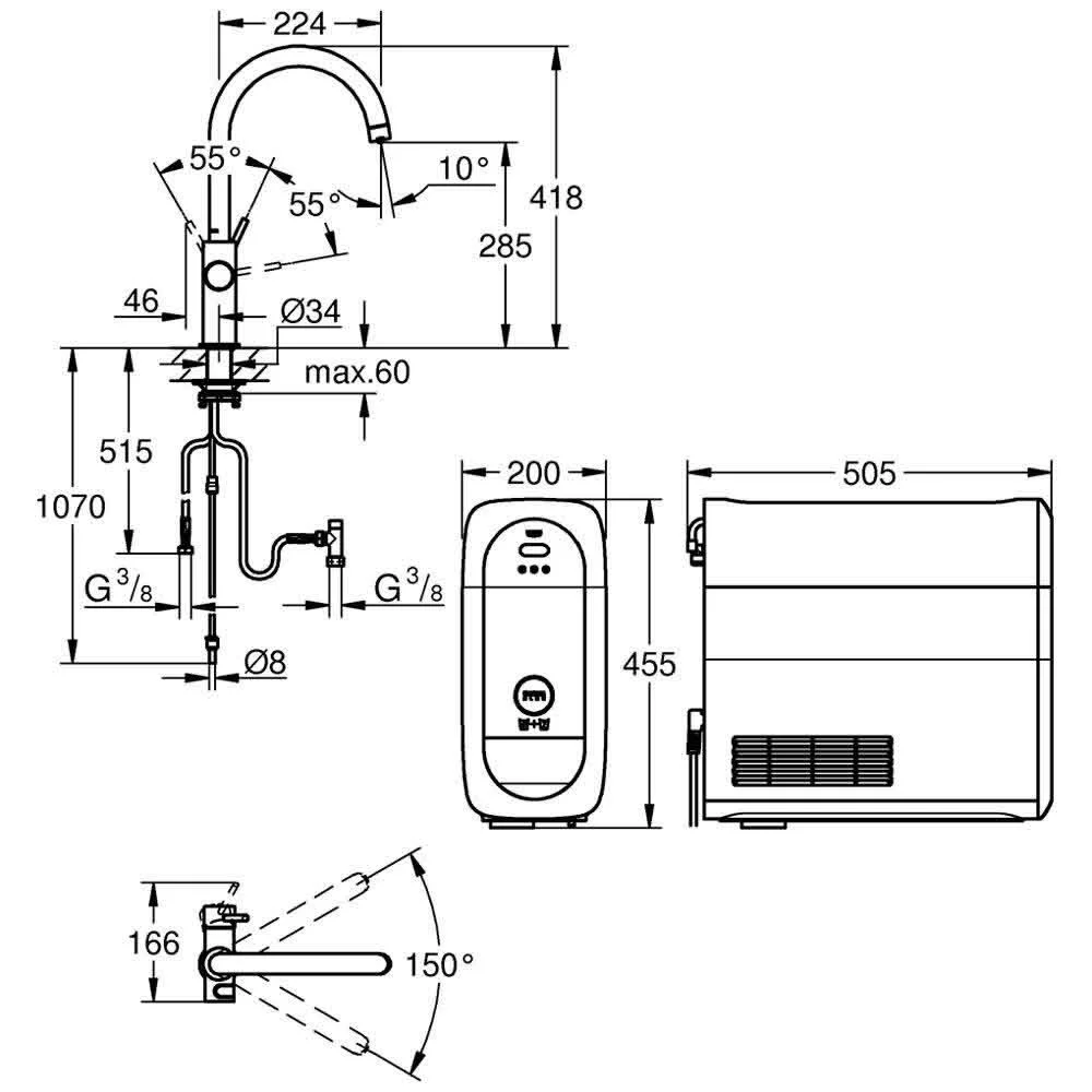 Rysunek techniczny kranu kuchennego, Grohe