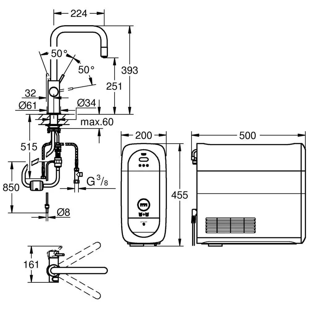 Rysunek techniczny systemu baterii kuchennej z wymiarami, Grohe