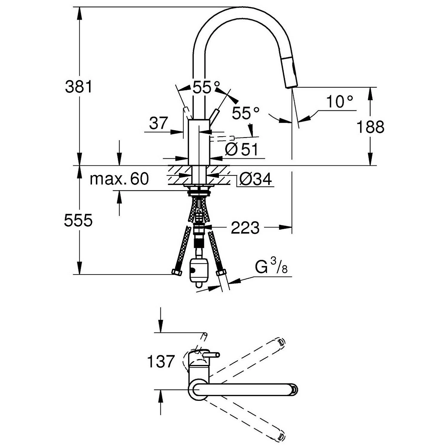 Rysunek techniczny baterii zlewozmywakowej z wymiarami, Grohe