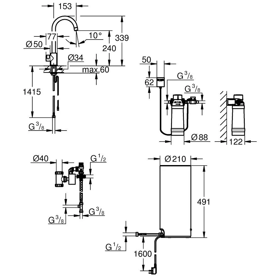 Rysunek techniczny zaworu stojącego mono, Grohe