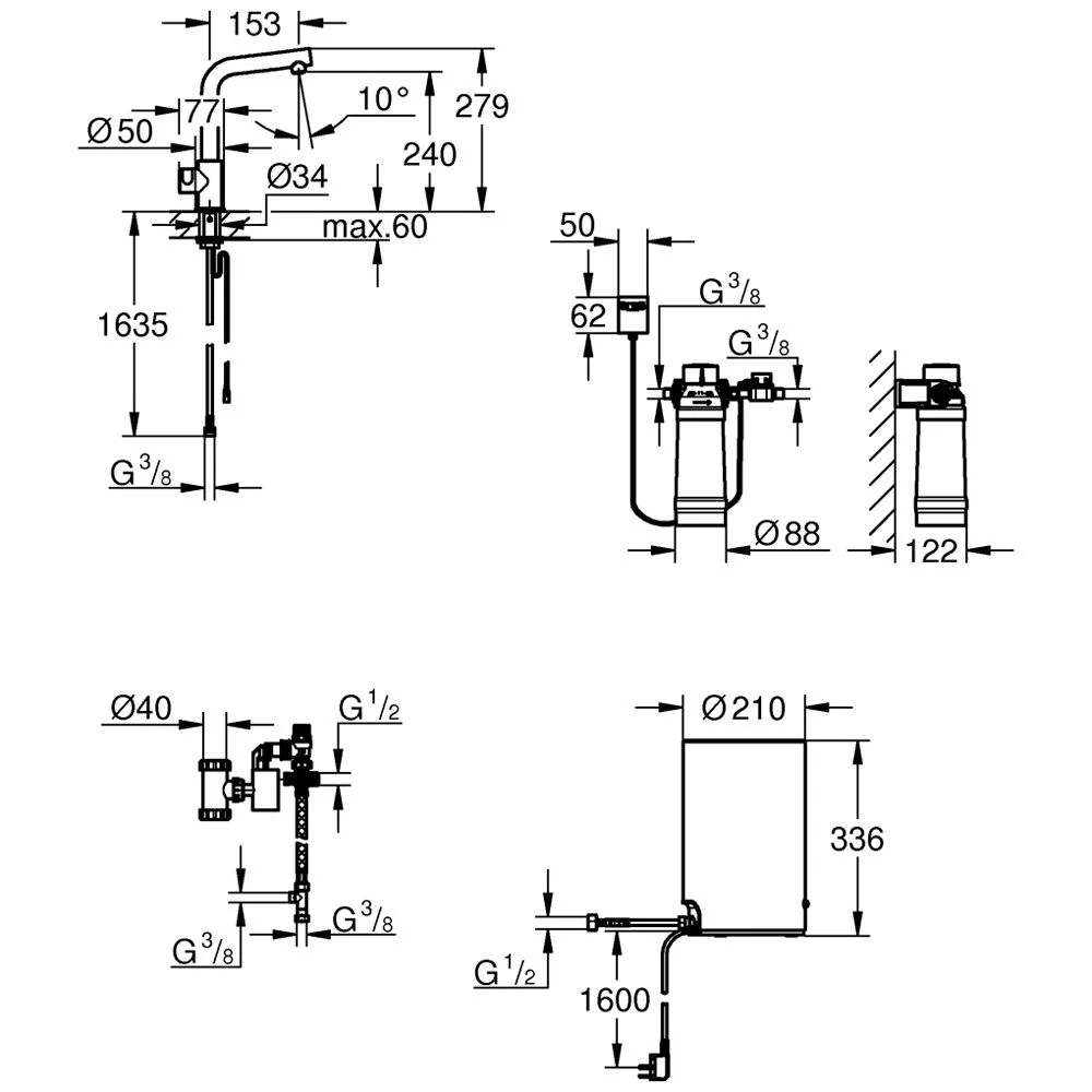 Rysunek techniczny zaworu stojącego z bojlerem, Grohe