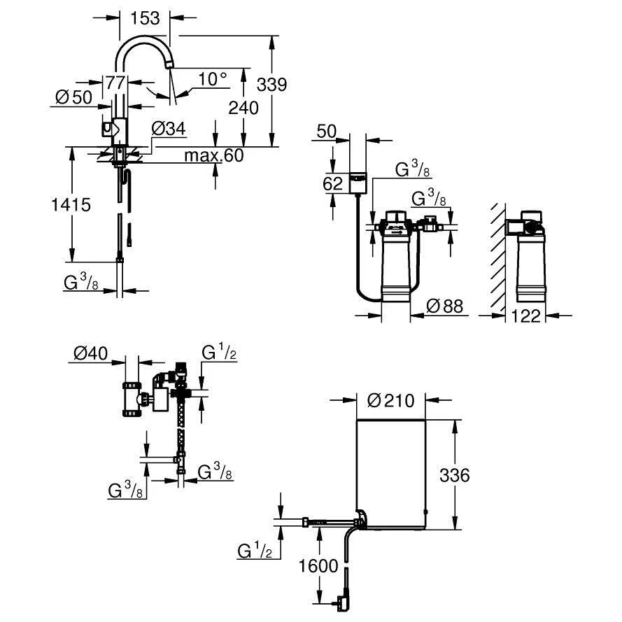 Rysunek techniczny baterii kuchennej, Grohe