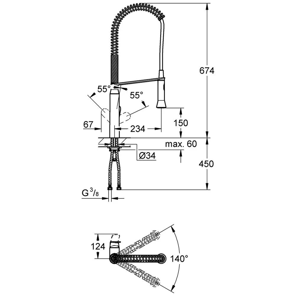 Rysunek techniczny baterii kuchennej z wymiarami, Grohe