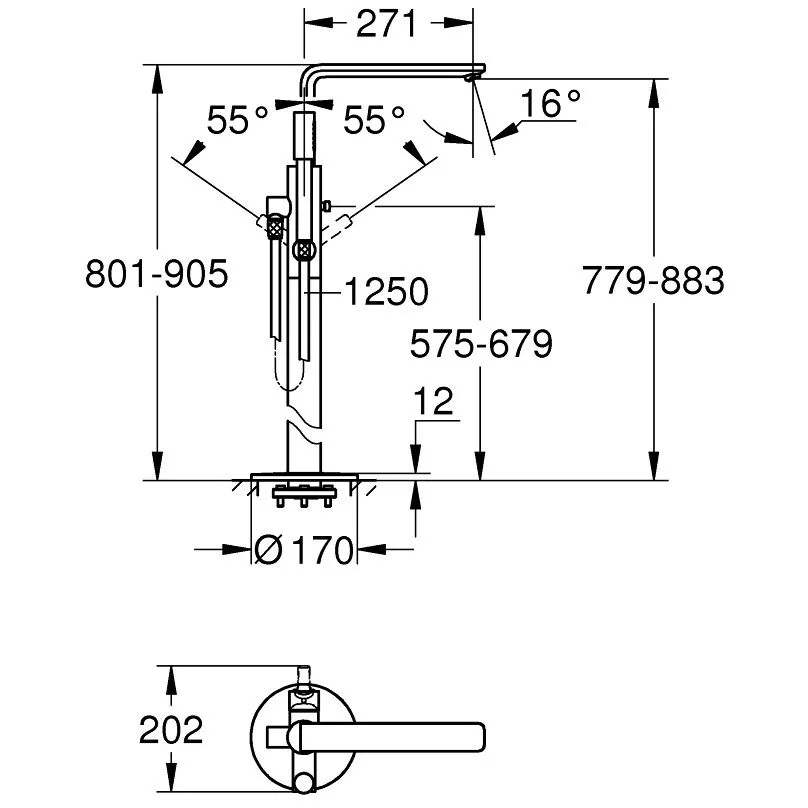 Rysunek techniczny baterii wannowej z wymiarami, Grohe