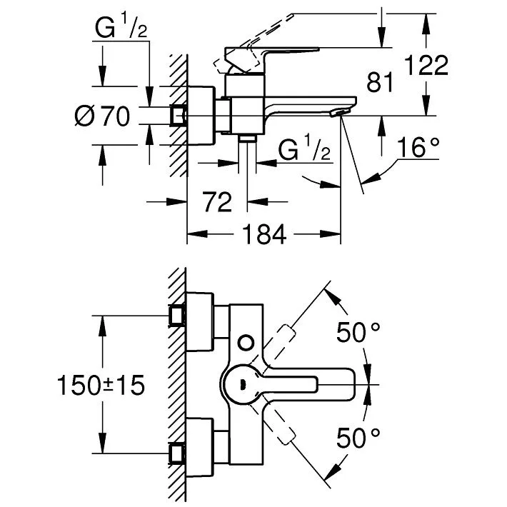 Rysunek techniczny baterii wannowej z wymiarami, Grohe