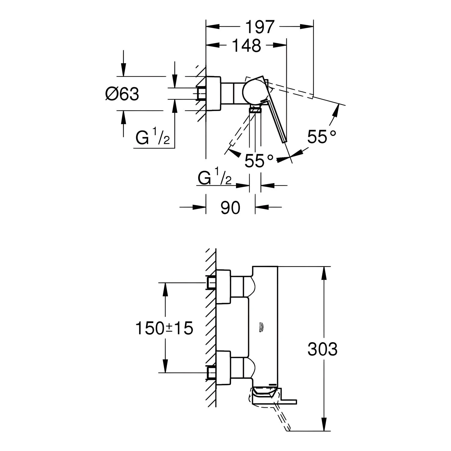 Rysunek techniczny baterii prysznicowej z wymiarami, Grohe