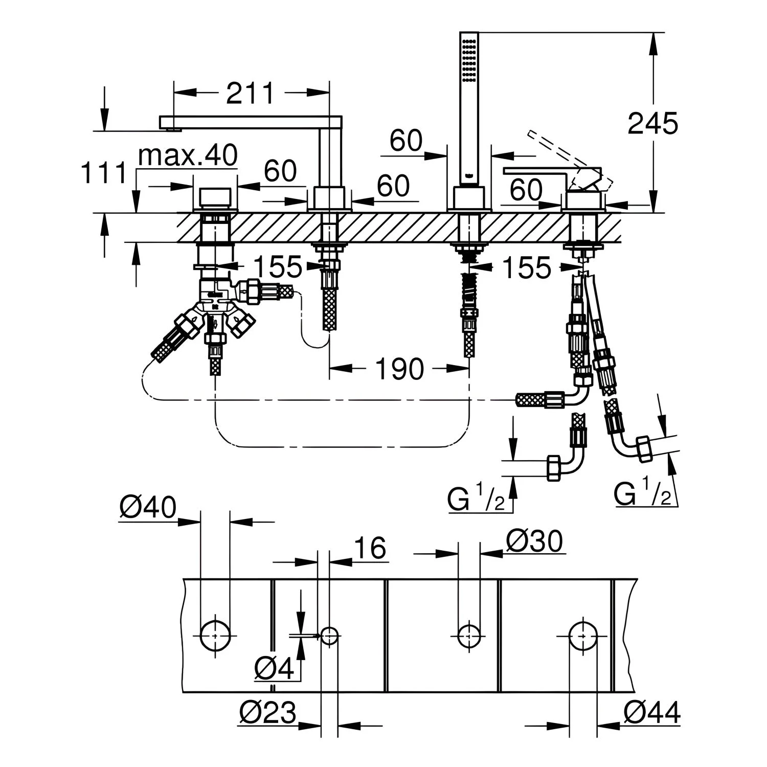 Rysunek techniczny baterii wannowej 4-otworowej, Grohe