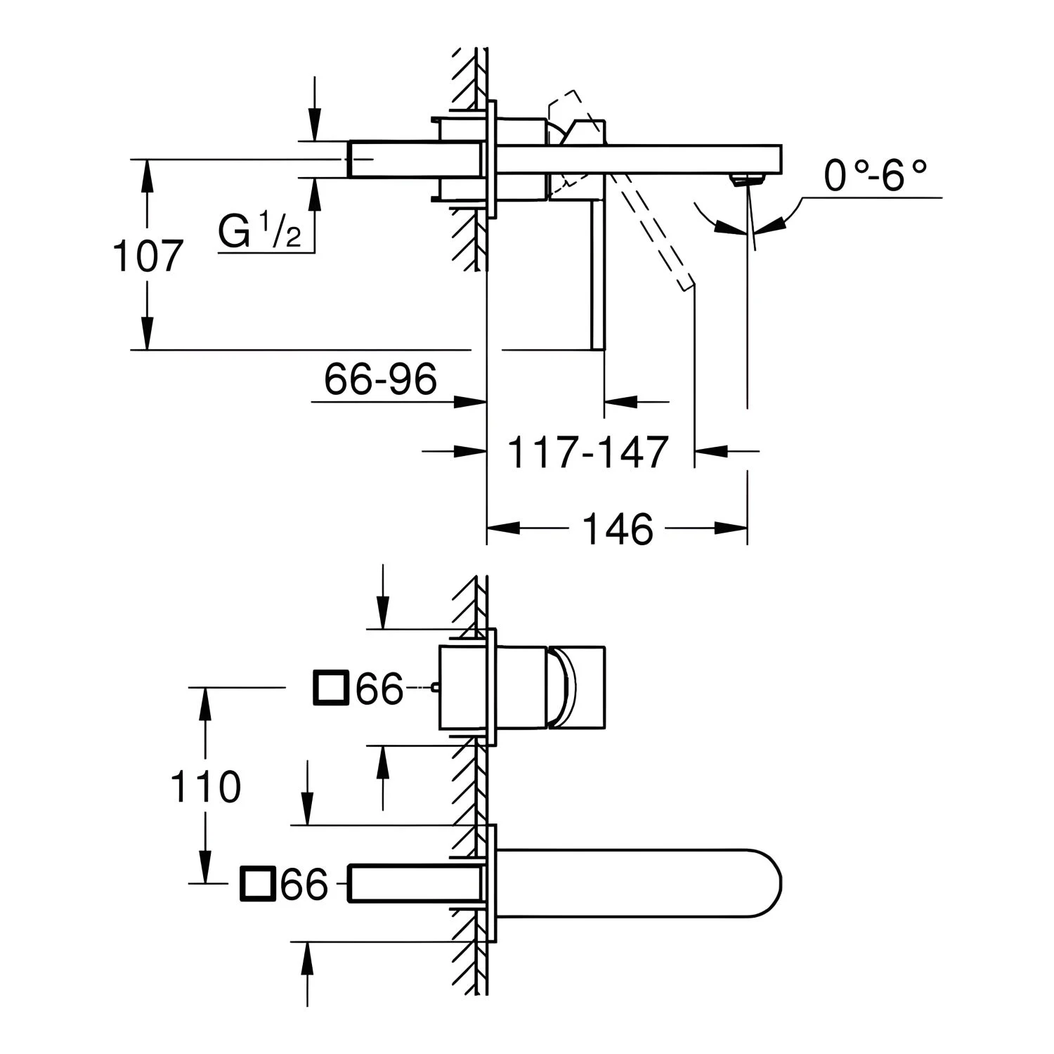 Rysunek techniczny baterii umywalkowej z wymiarami, Grohe