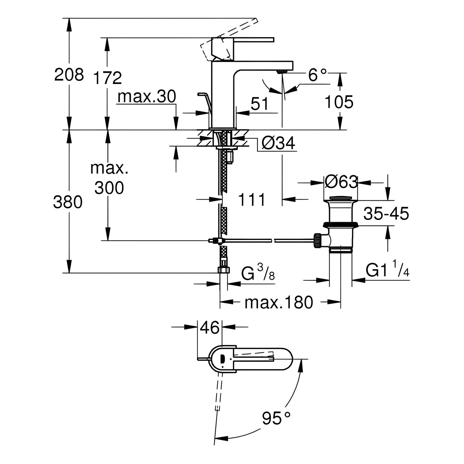 Rysunek techniczny baterii umywalkowej z wymiarami, Grohe