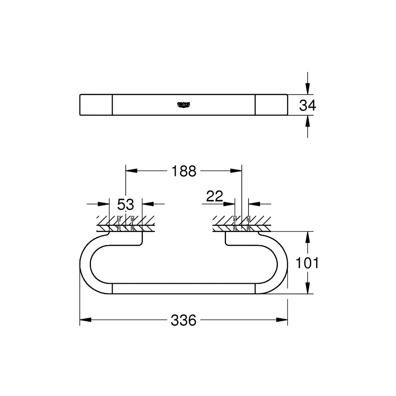 Rysunek techniczny uchwytu do wanny z wymiarami, Grohe