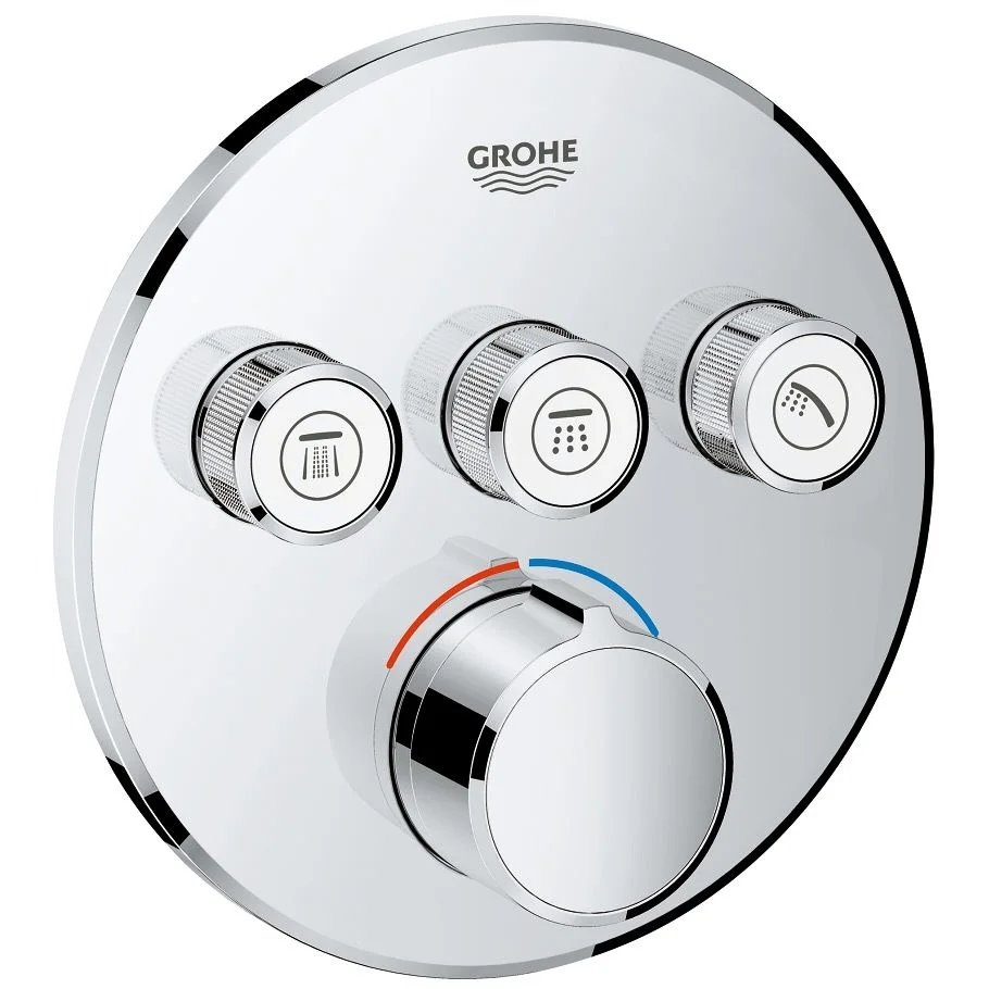Okrągła chromowana armatura z trzema pokrętłami widok z przodu, Grohe