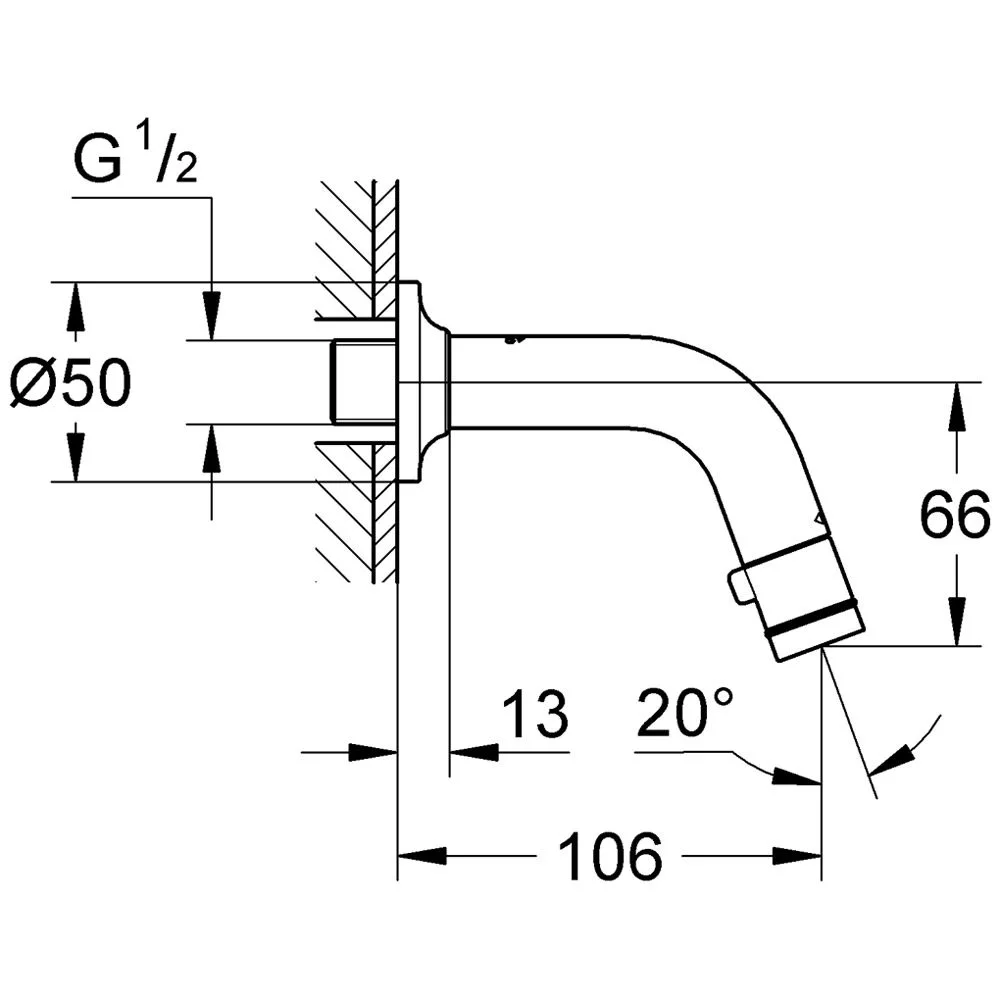 Rysunek techniczny zaworu ściennego z wymiarami, Grohe