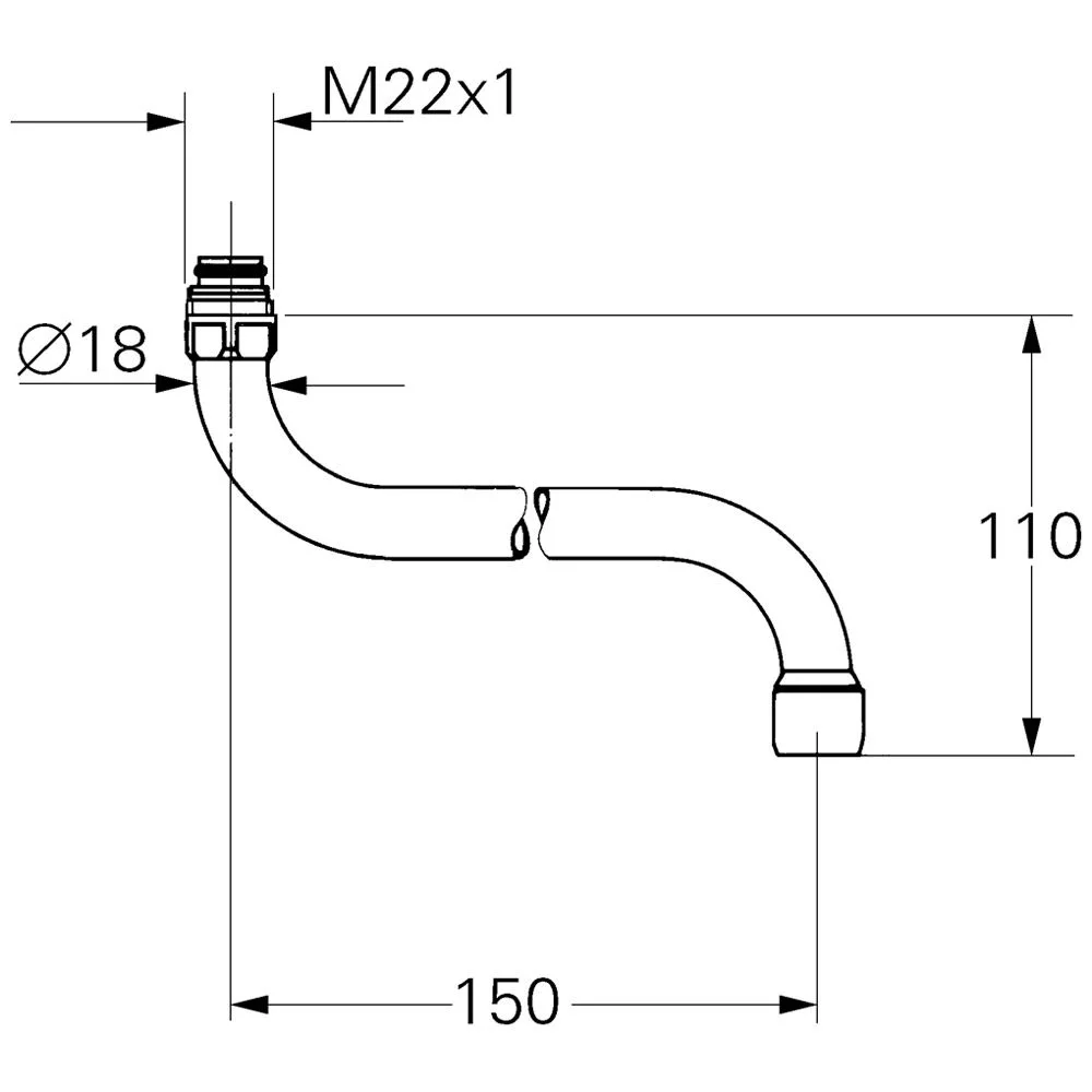 Rysunek techniczny zakrzywionej wylewki z wymiarami, Grohe