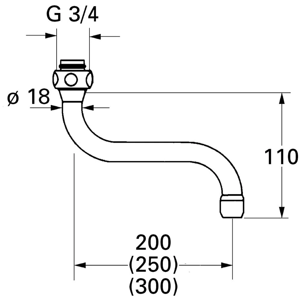 Rysunek techniczny zakrzywionej wylewki z wymiarami, Grohe