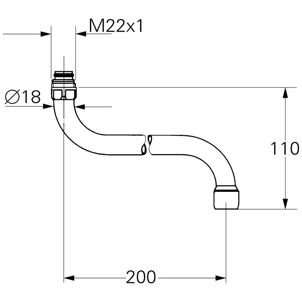 Rysunek techniczny zakrzywionej wylewki z wymiarami, Grohe