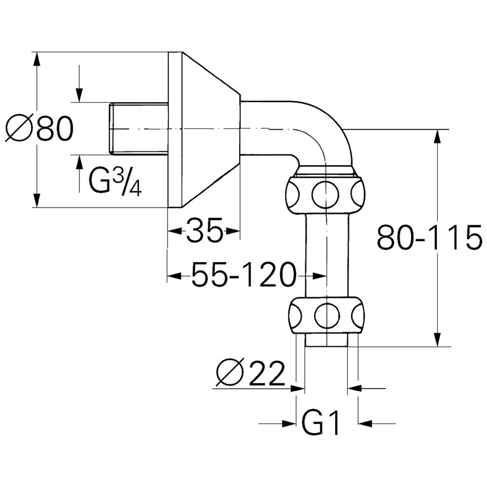 Rysunek techniczny kolana wylotowego z wymiarami, Grohe