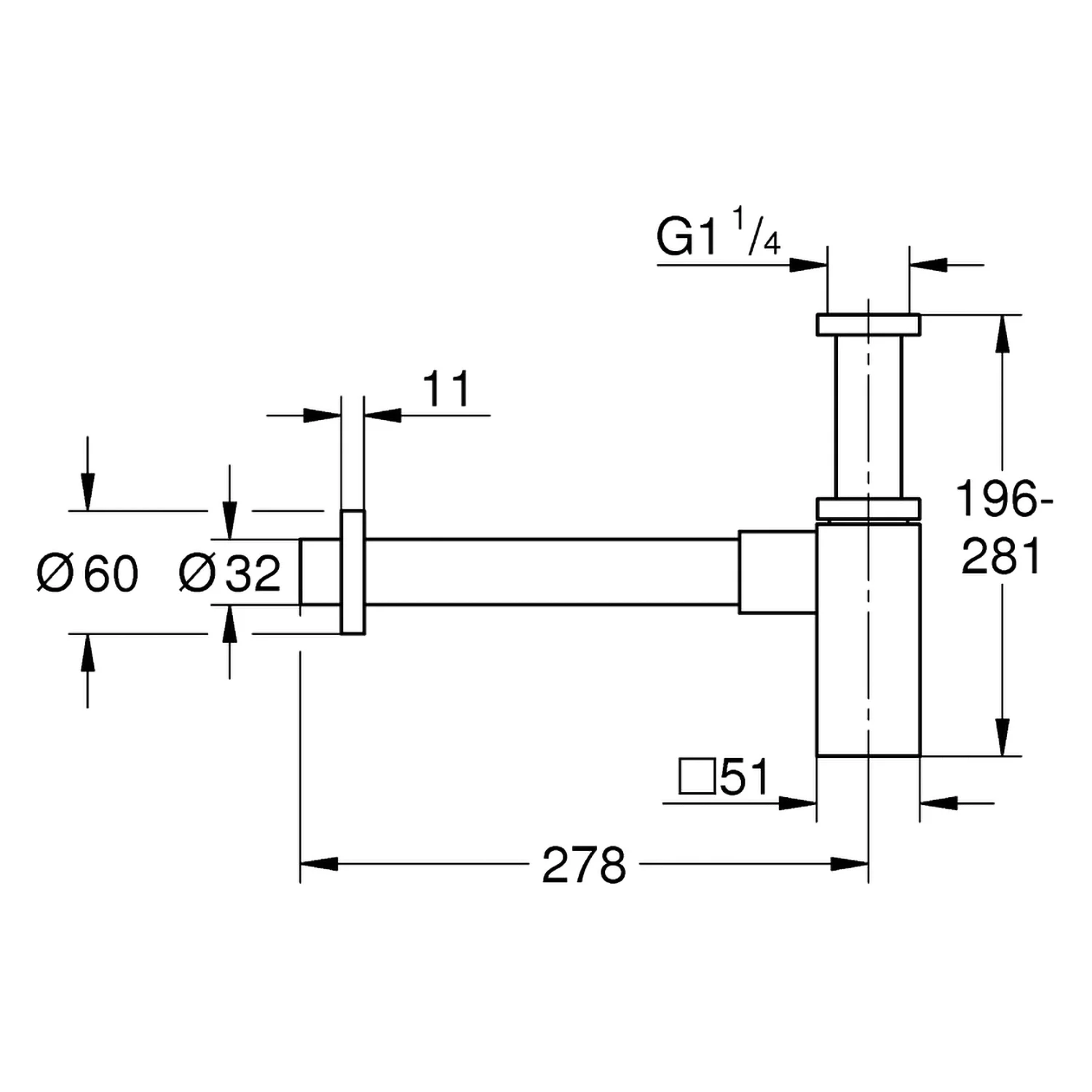 Rysunek techniczny syfonu z wymiarami, Grohe