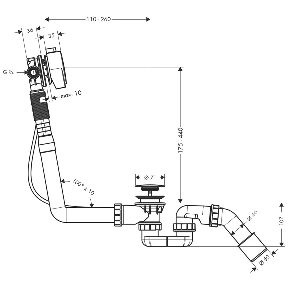 Rysunek techniczny systemu odpływowego z wymiarami, hansgrohe