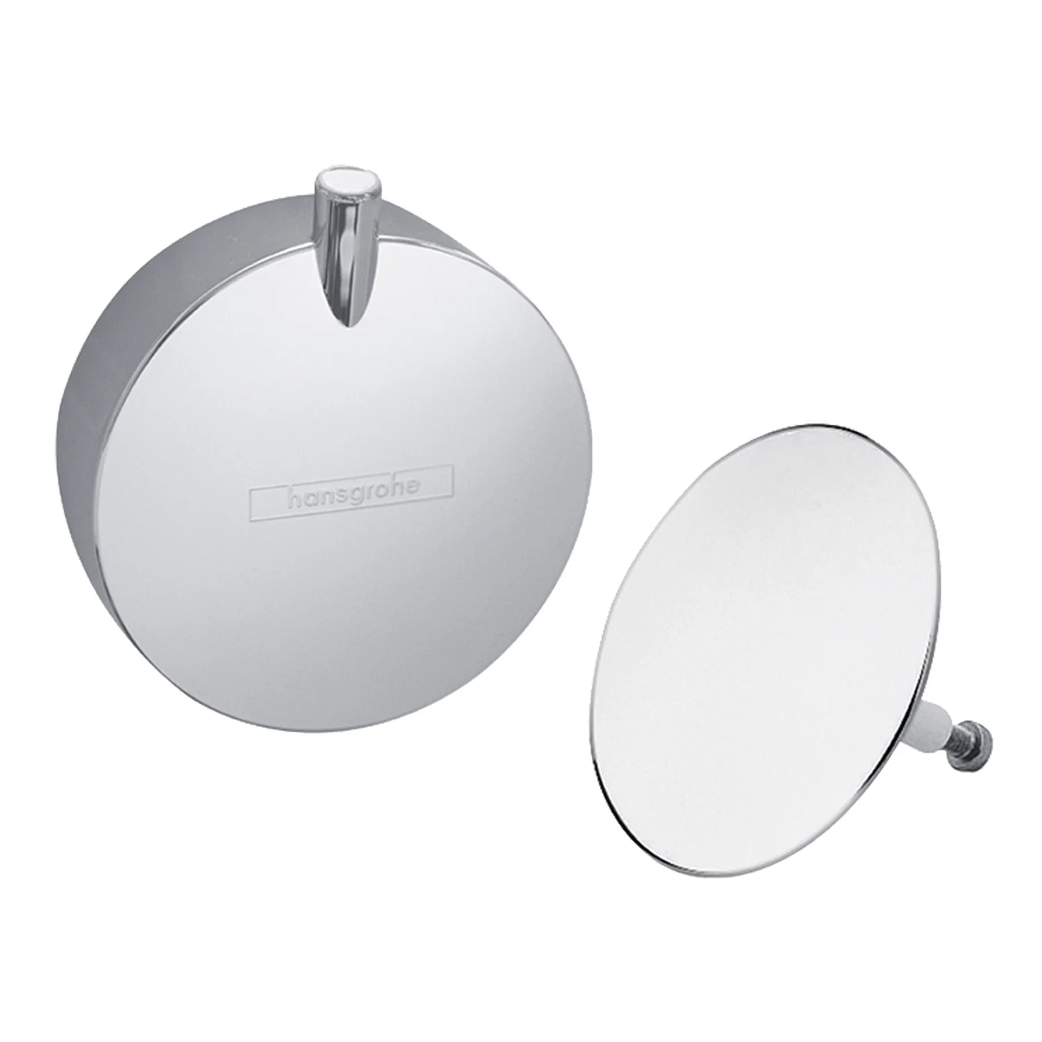 Dwa okrągłe elementy systemu odpływowego w chromowanym wykończeniu, hansgrohe