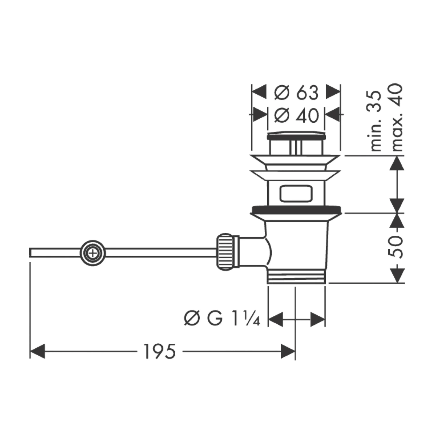 Rysunek techniczny syfonu do umywalki, hansgrohe
