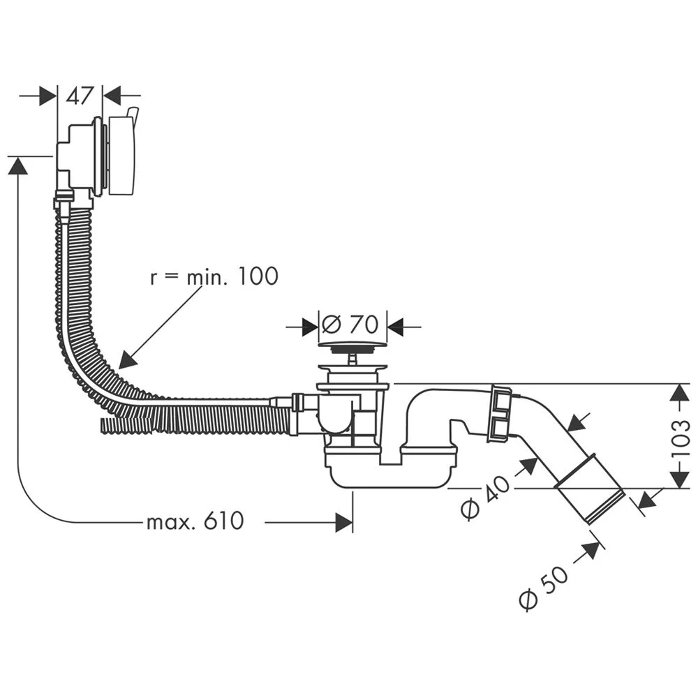 Rysunek techniczny systemu odpływowego z wymiarami, hansgrohe