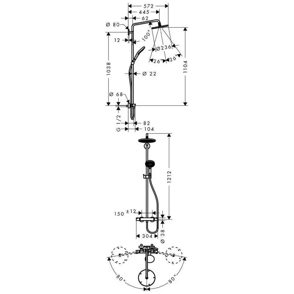 Rysunek techniczny zestawu prysznicowego z wymiarami, hansgrohe