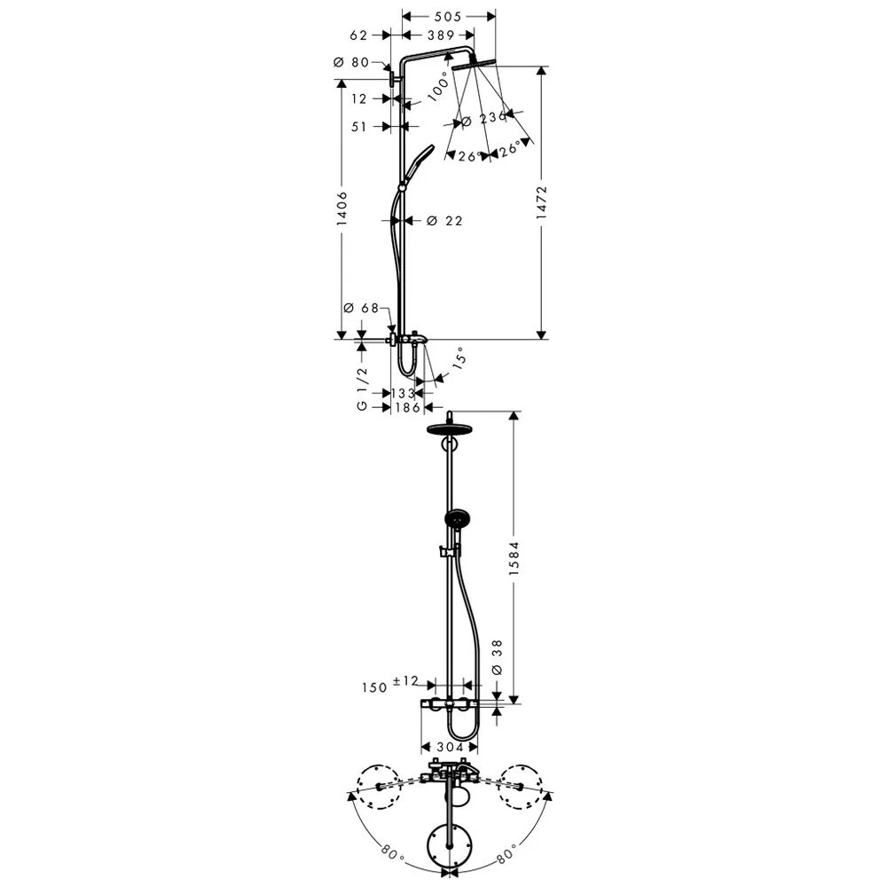 Rysunek techniczny zestawu prysznicowego z wymiarami, hansgrohe