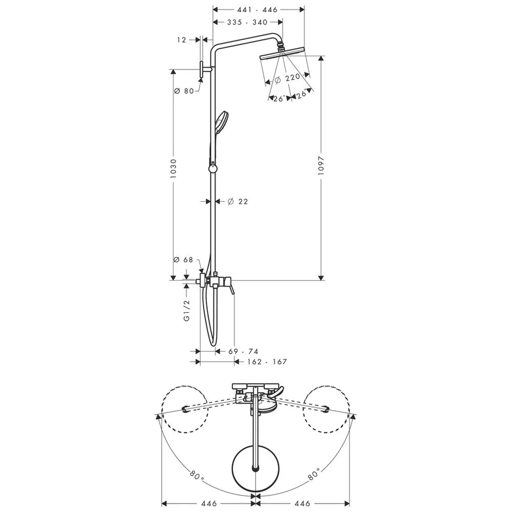 Rysunek techniczny armatury prysznicowej z wymiarami, hansgrohe