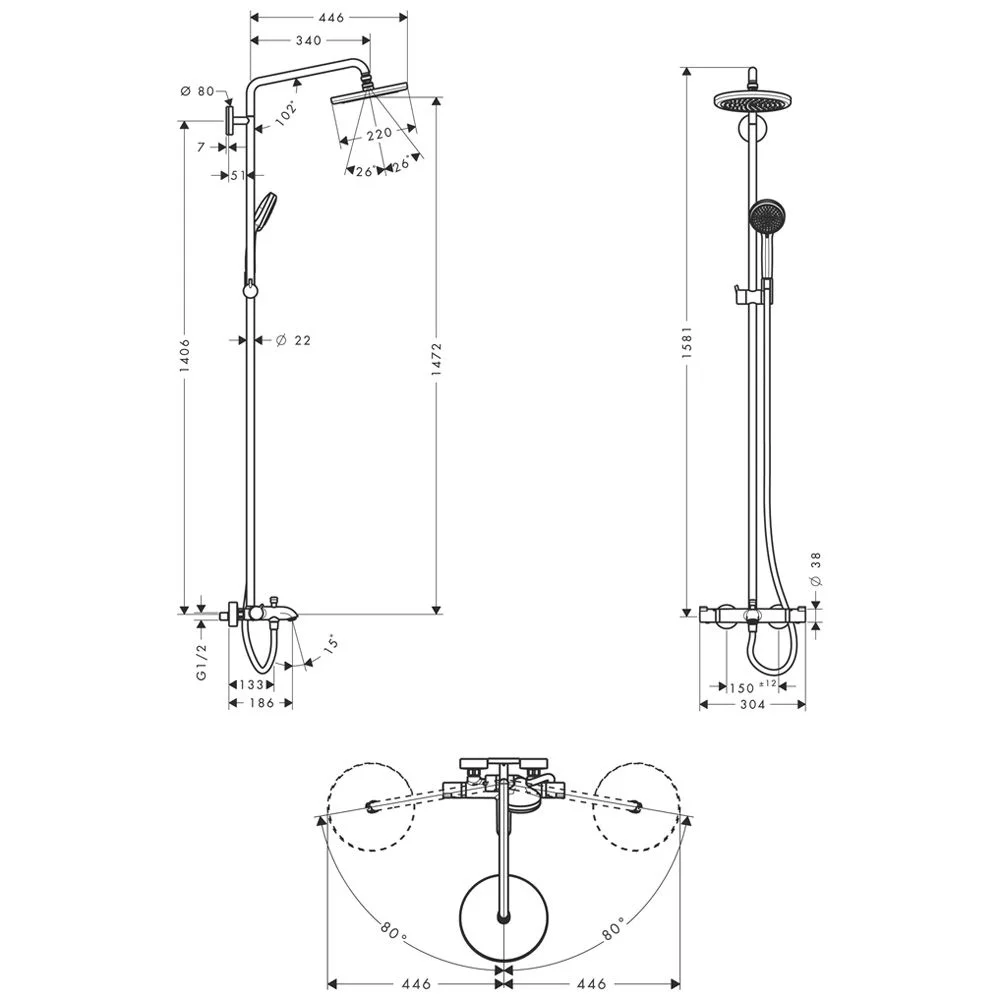 Rysunek techniczny systemu prysznicowego z wymiarami, hansgrohe