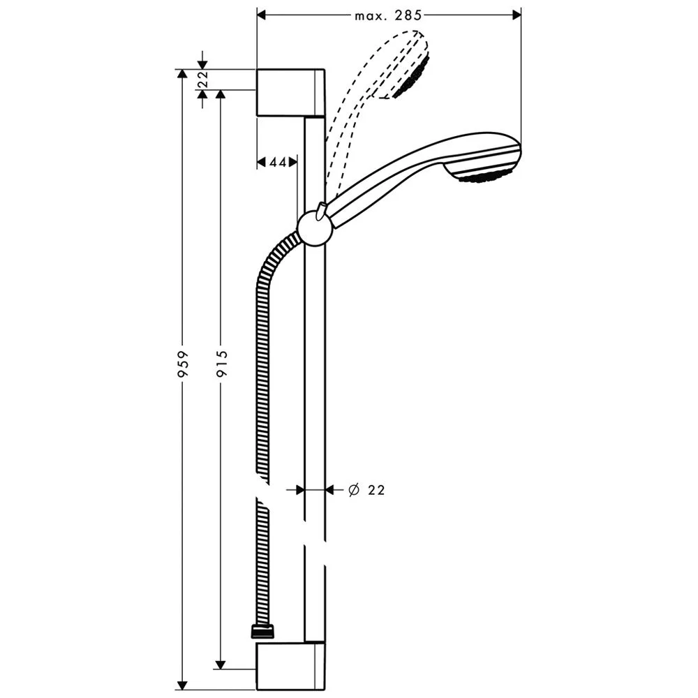 Rysunek techniczny zestawu prysznicowego z uchwytem, hansgrohe