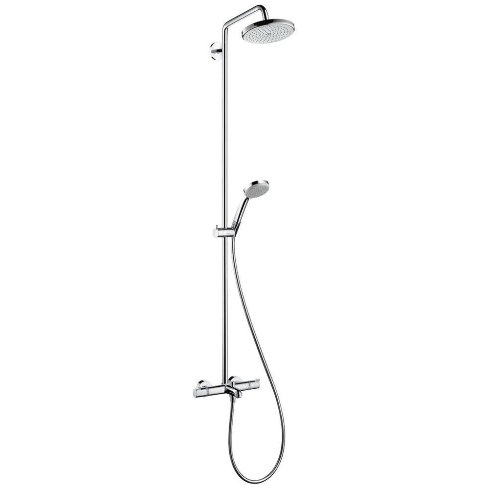 System prysznicowy widok z boku z rączką prysznicową, hansgrohe