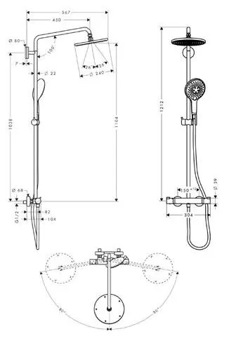 Rysunek techniczny zestawu prysznicowego, hansgrohe