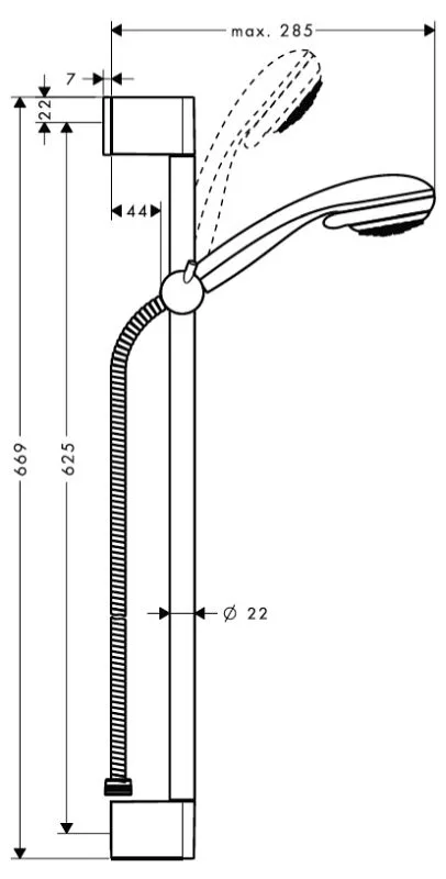 Rysunek techniczny drążka prysznicowego z głowicą prysznicową, hansgrohe