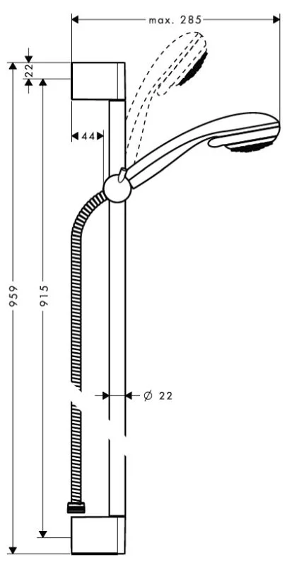 Rysunek techniczny drążka prysznicowego z głowicą prysznicową, hansgrohe