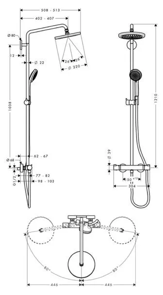 Rysunek techniczny systemu prysznicowego z wymiarami, hansgrohe