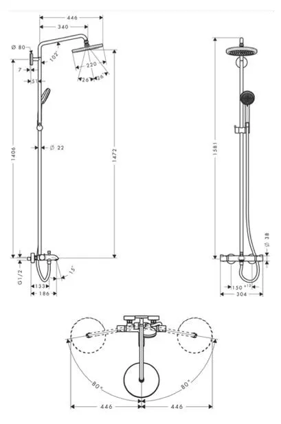 Rysunek techniczny systemu prysznicowego z wymiarami, hansgrohe