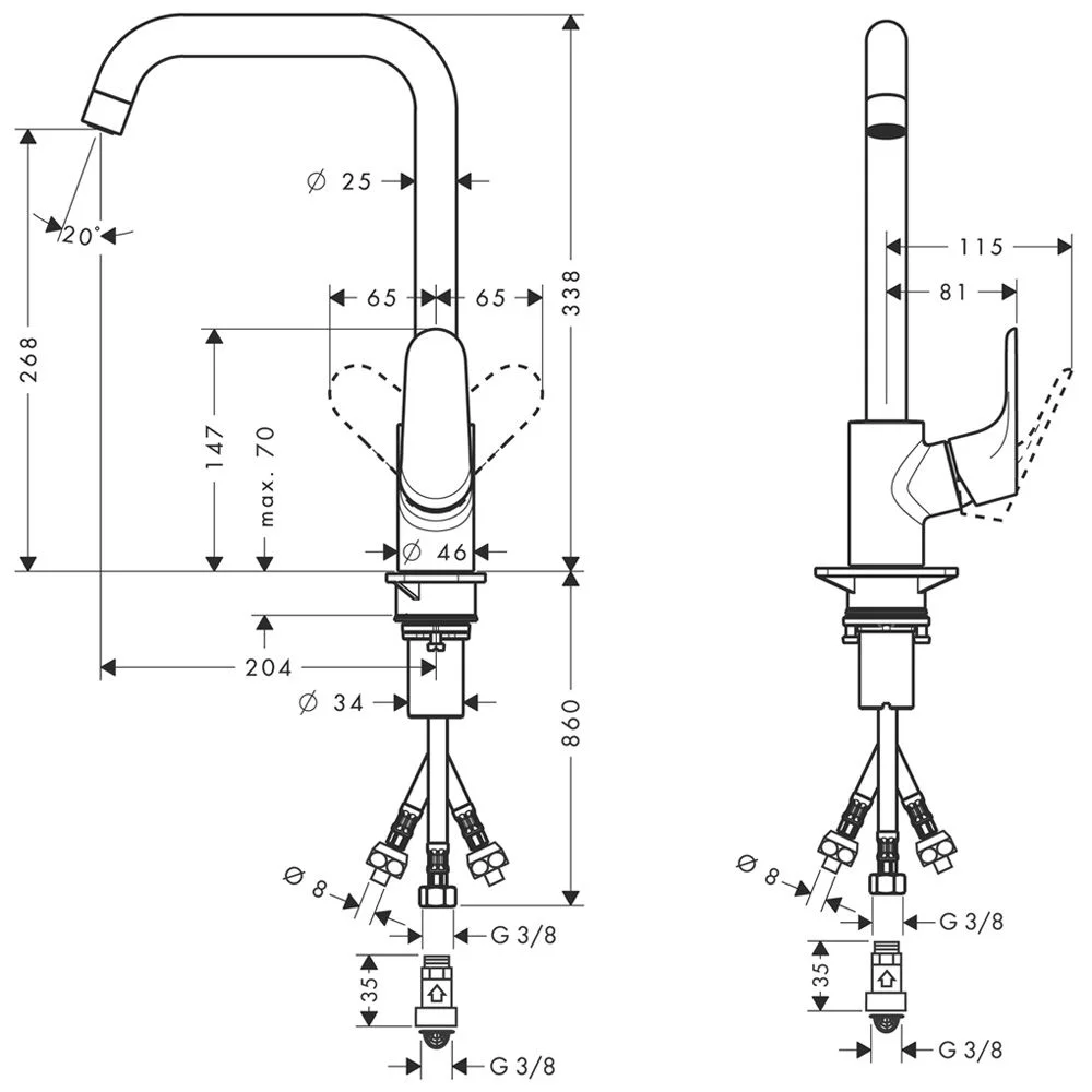 Rysunek techniczny baterii kuchennej z wymiarami, hansgrohe