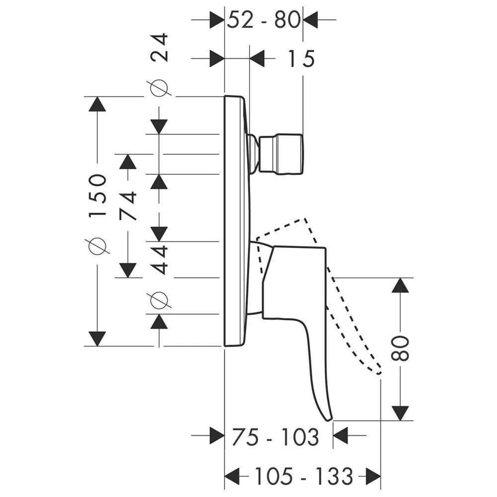 Rysunek techniczny mieszacza wannowego z wymiarami, hansgrohe