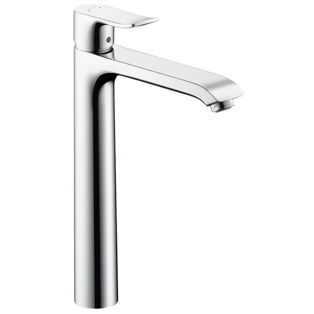 Wysoka chromowana bateria umywalkowa widok z przodu, hansgrohe