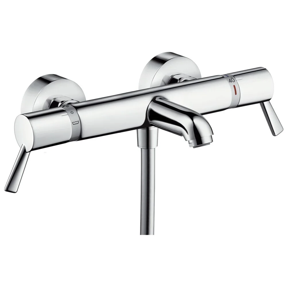 Chromowana bateria ścienna z dwoma dźwigniami widok z przodu, hansgrohe