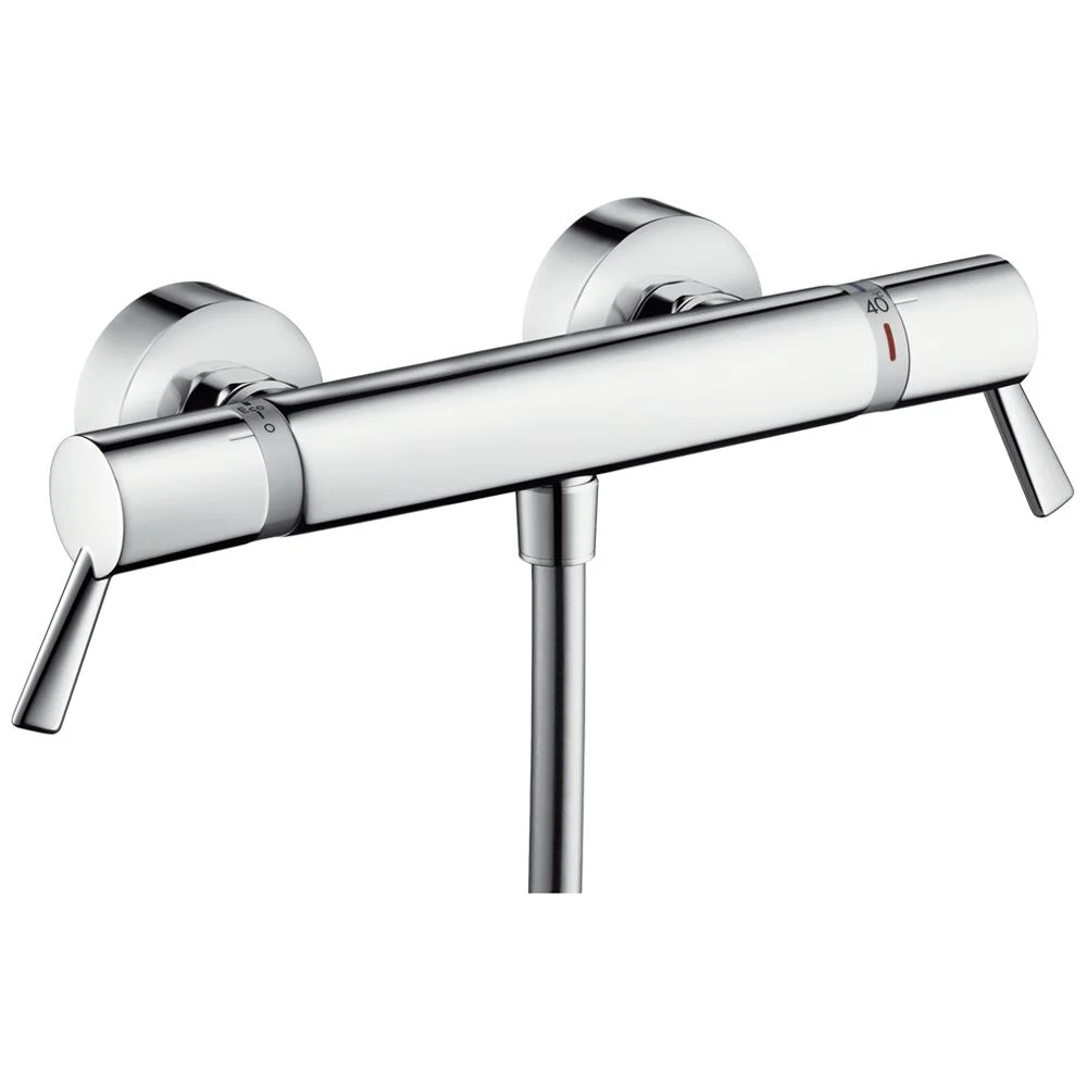Chromowana bateria ścienna z dwoma dźwigniami widok z przodu, hansgrohe