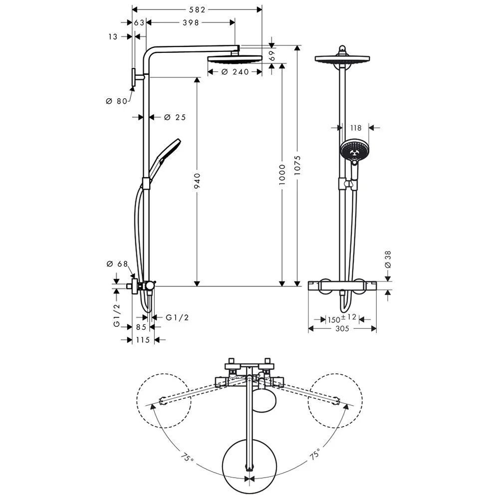 Rysunek techniczny armatury prysznicowej z wymiarami, hansgrohe