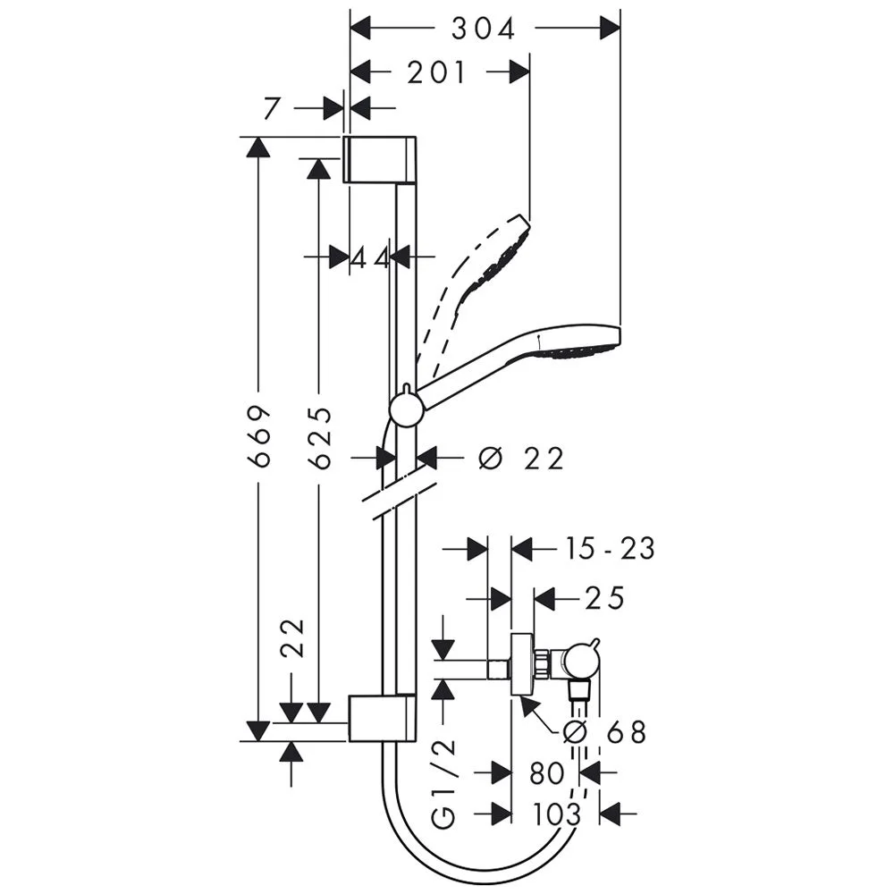 Rysunek techniczny zestawu prysznicowego z wymiarami, hansgrohe